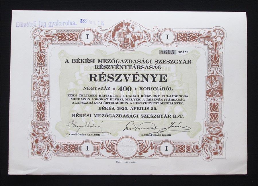 Bksi Mezgazdasgi Szeszgyr rszvny 400 korona 1920